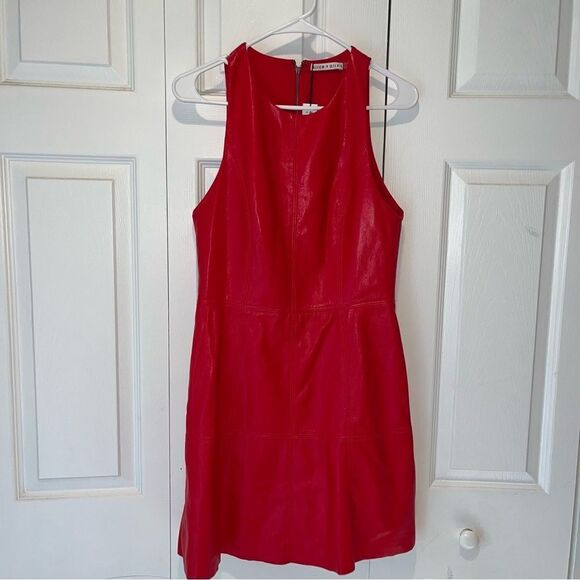 NWT Alice + Olivia Leandra Vegan Leather Mini Dress size 10 in Perfect Ruby - Picture 1 of 9